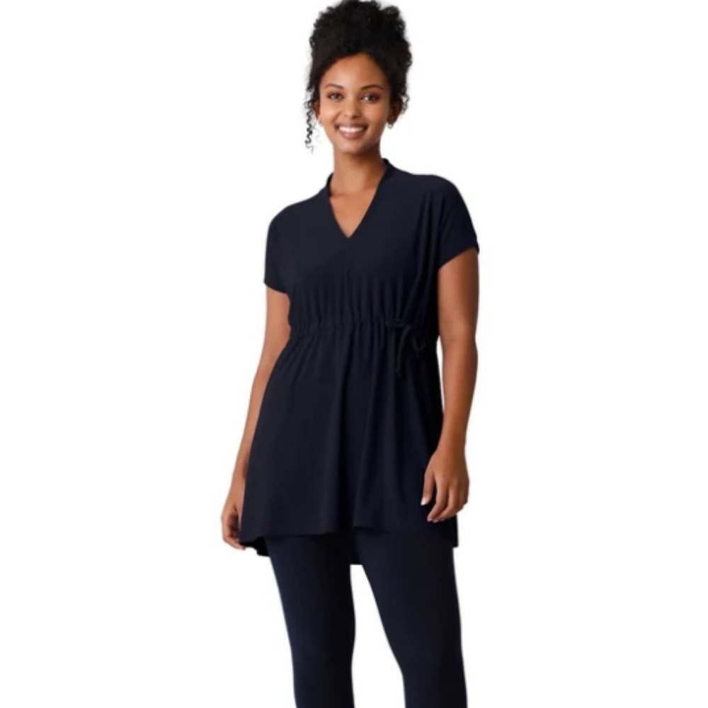 SYMPLI Deep V Tie Tunic Top Navy Blue Cap Sleeve Travel Minimalist Jersey 6 NEW